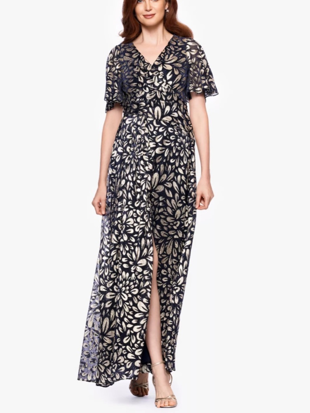 BA Nites Navy‎ and Metallic Gold Foil Maxi Dress With Flutter Sleeves, 8, NWT